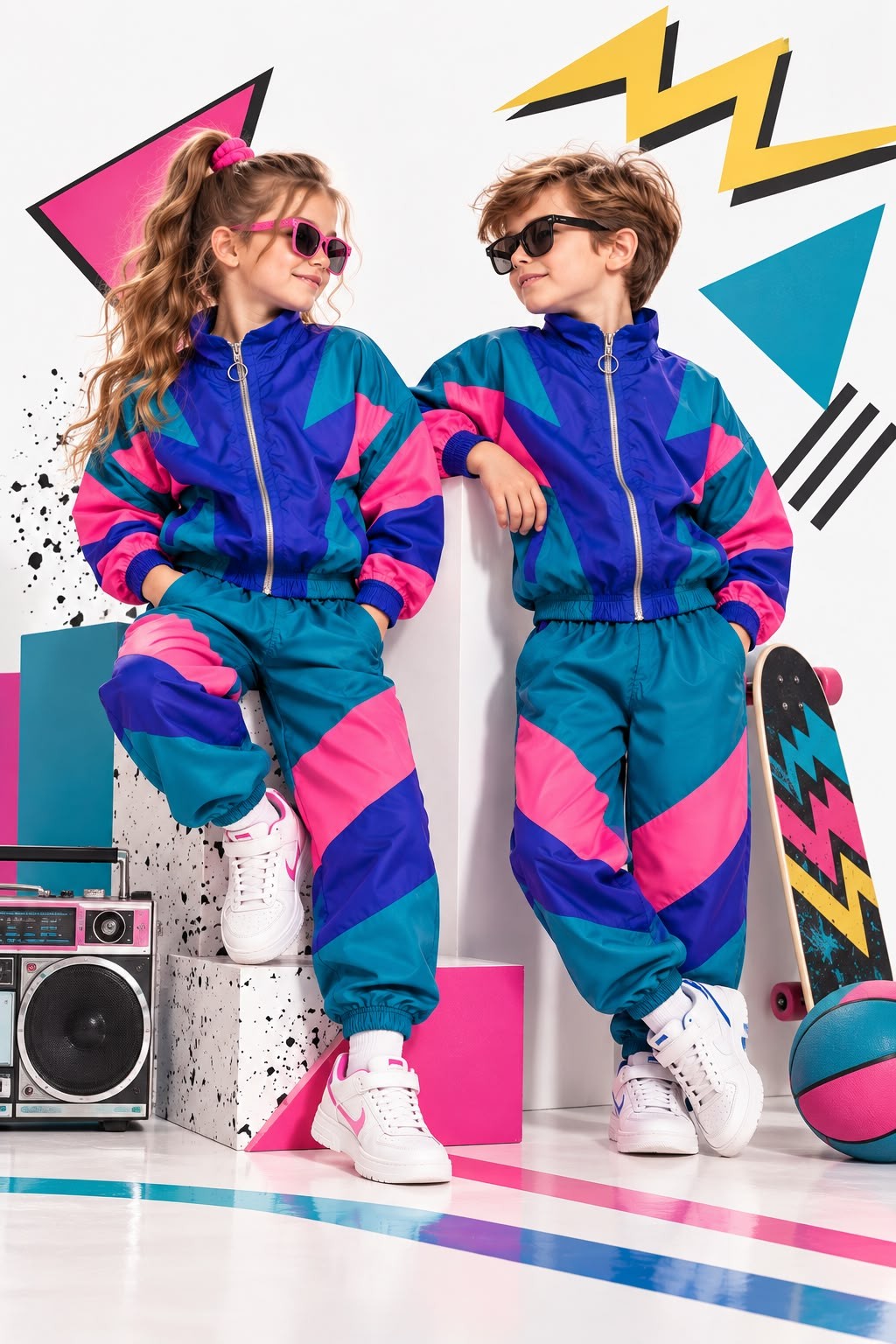 Kız ve erkek çocuk üzerinde mavi, turkuaz ve pembe renk bloklu 80’ler model takım