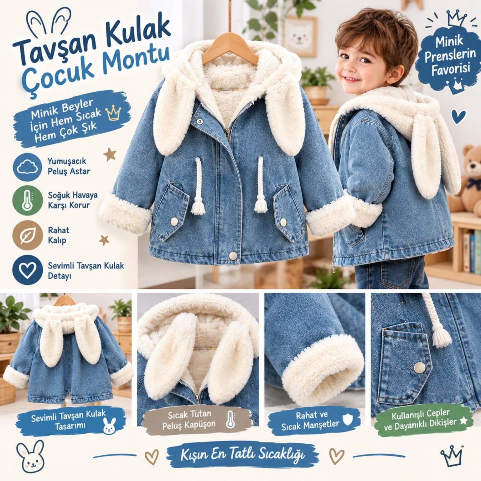 Erkek çocuk kuzu kürk kot mont; tavşan kulaklı kapüşon, ön ve arka görünüm ile kürk ve cep detayları
