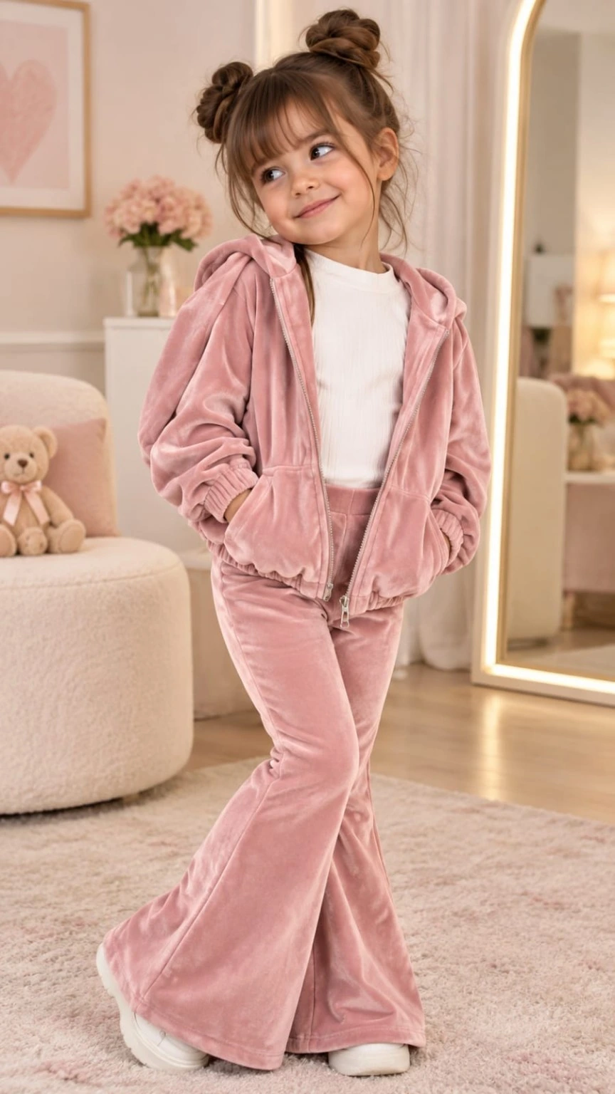 Pembe üçlü kadife takım ile çocuk giyim koleksiyonu